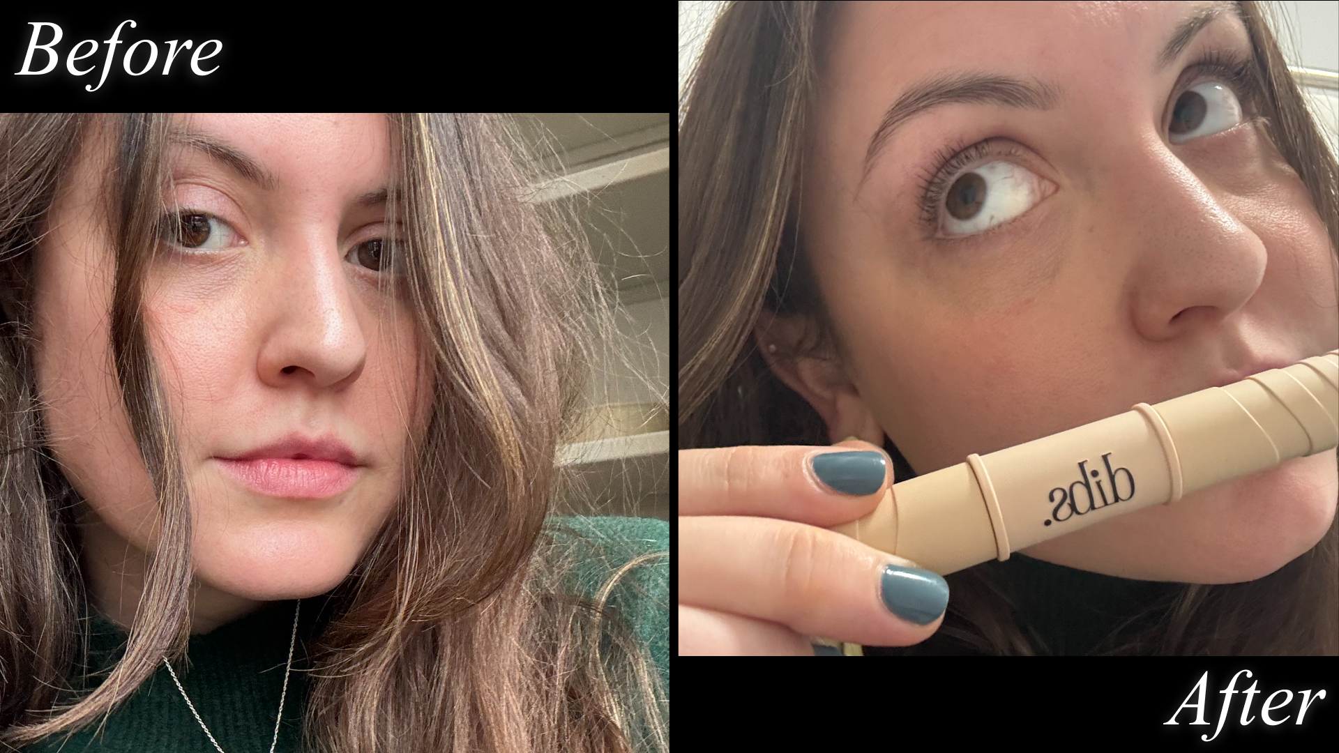 Sophia Vilensky before and after testing dibs&#039; volumizing mascara.