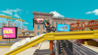 The art of making open world video games; a bike rides a rail