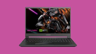 Aorus 15X RTX 4070 laptop with pink backround
