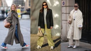 Street style influencers showing shoes to wear with wide-leg pants sneakers