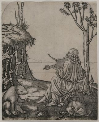 This engraving, created by Marcantonio Raimondi around 1505, may show Leonardo da Vinci playing an instrument called a lira da braccio.