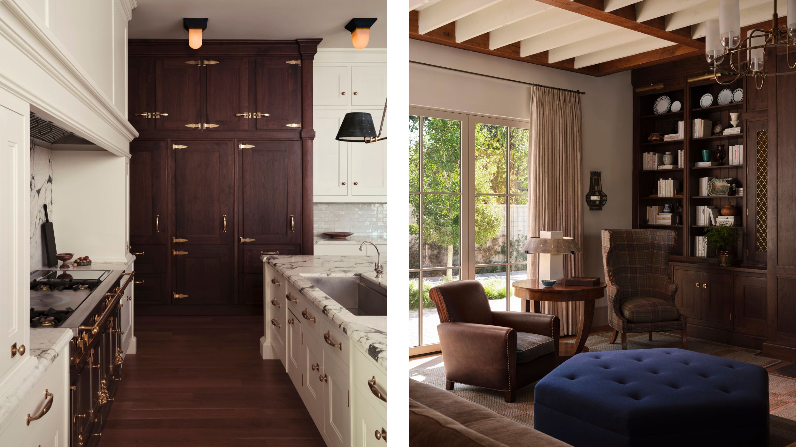 two side by side images of a white kitchen with dark wooden pantry cupboard and an adjoining layered family room with dark wood bookcases and a blue ottoman