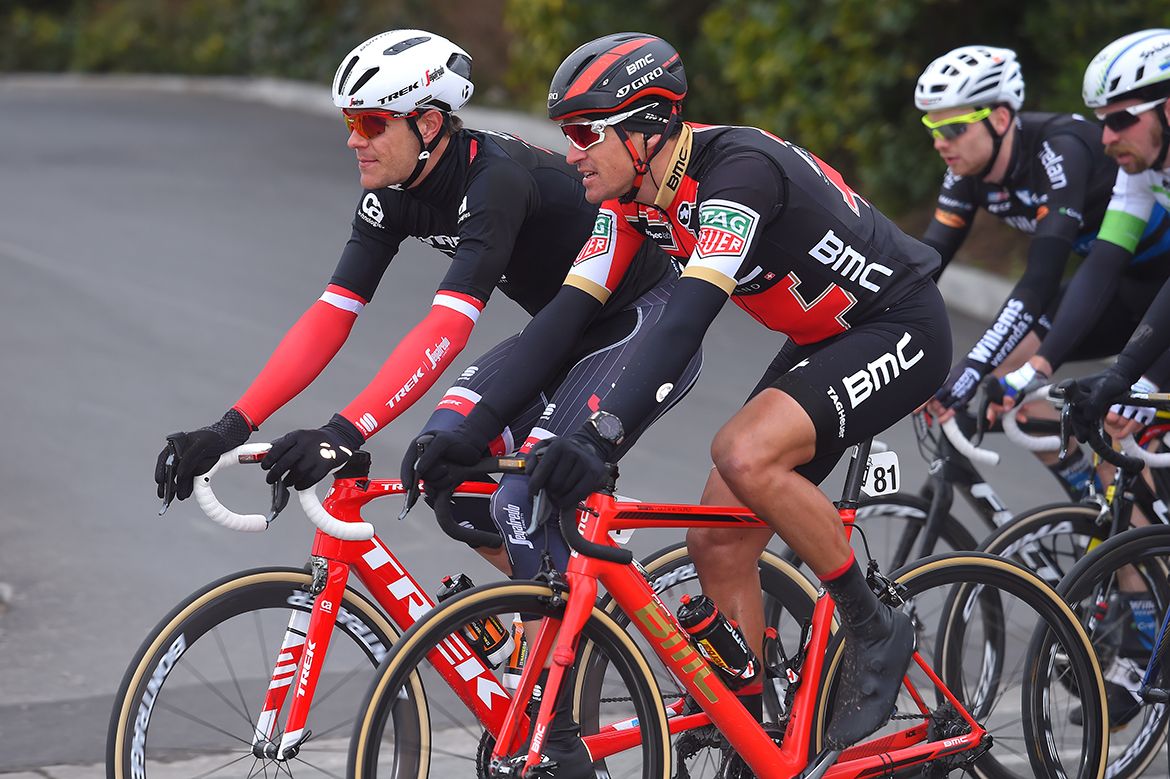 Greg Van Avermaet and Jasper Stuyven having a chat at Kuurne-Brussel-Kuurne