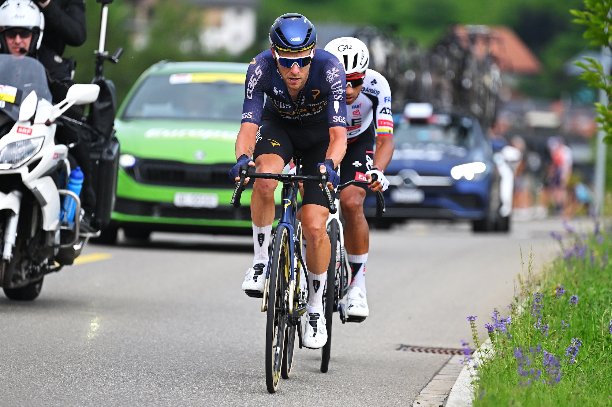 BAD RAGAZ, SWITZERLAND - JUNE 19: (L-R) Xandro Meurisse of Belgium and Team Pinarello Q36.5 Pro Cycling and Jhonatan Narvaez of Ecuador and UAE Team Emirates - XRG compete in the breakaway during the 89th Tour de Suisse 2026, Stage 3 a 157.4km stage from Bad Ragaz to Bad Ragaz / #UCIWT / on June 19, 2026 in Bad Ragaz, Switzerland. (Photo by Tim de Waele/Getty Images)