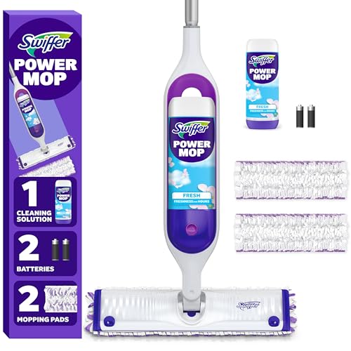 Swiffer Powermop Mopping Kit for Floor Cleaning, Set Includes 1 Power Mop, 2 Replacement Pads, 1 Liquid Solution Refill, 2 Batteries, No Bucket Needed Electric Spray Cleaner, Multi-Surface and Wood