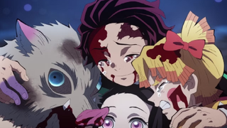 Tanjiro with his friends and sister in Demon Slayer.