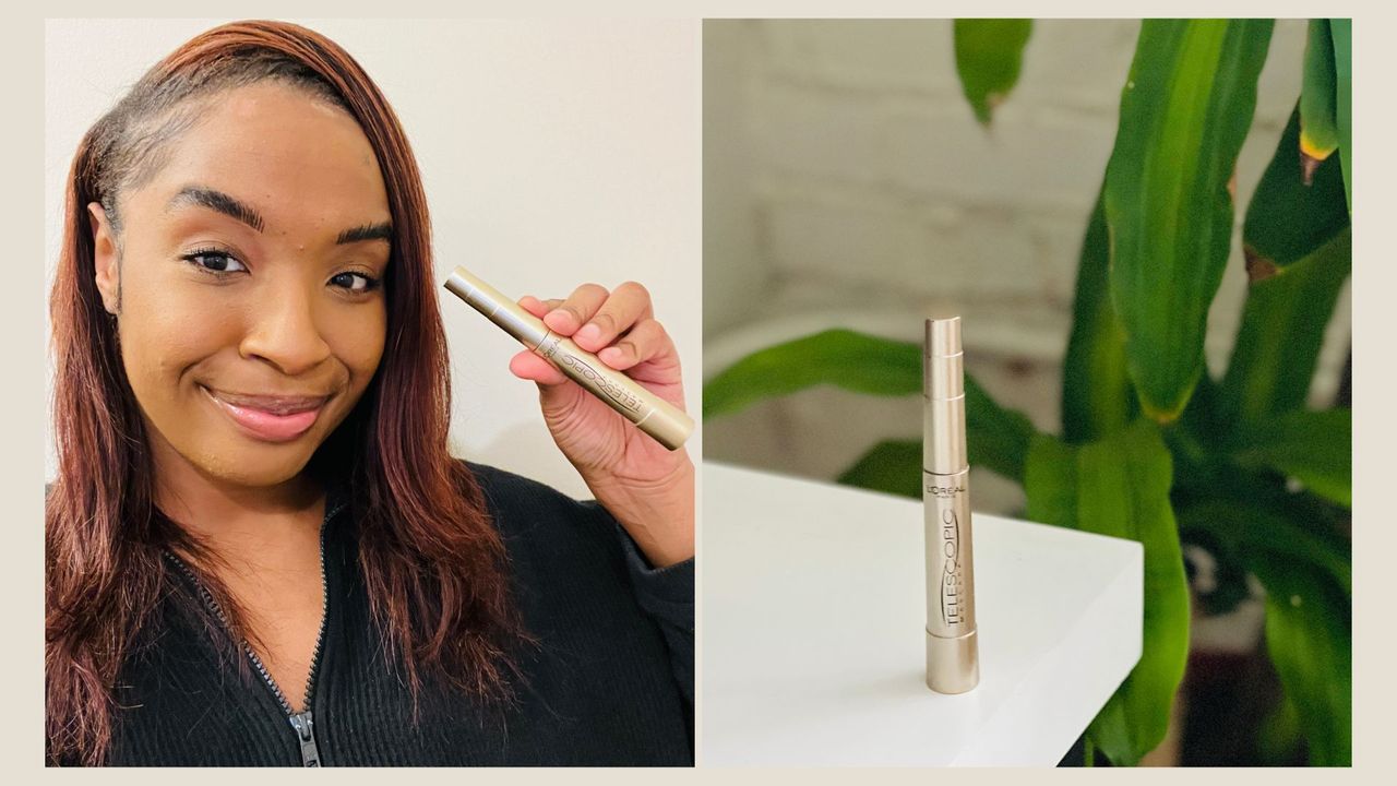 Side-by-side images of a selfie of a person holding the L&#039;Oreal Telescopic Mascara on the left side and the L&#039;Oreal Telescopic Mascara tube on a white table on the right side, for L&#039;Oreal Telescopic Mascara review.