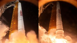two close-up rocket views side by side with lots of smoke and steam billowing underneath