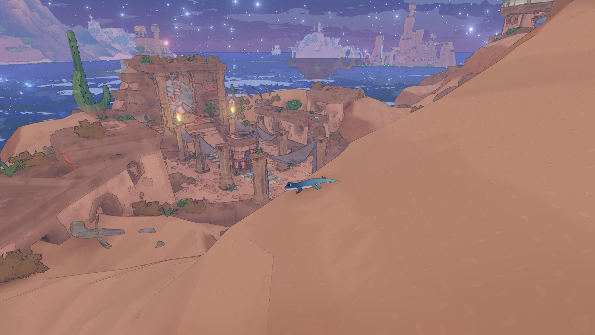 In platforming adventure The Gecko Gods, a small Gecko traverses across a sandy landscape, with the horizon showing the ocean and a starry sky beyond