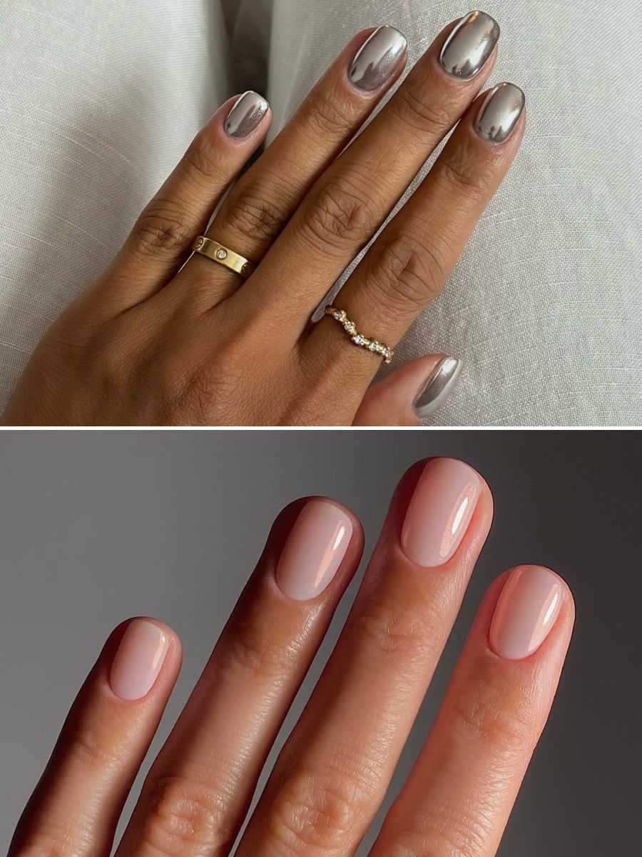 A silver chrome manicure by Iram Shelton and glazed manicure by Mate Janova.