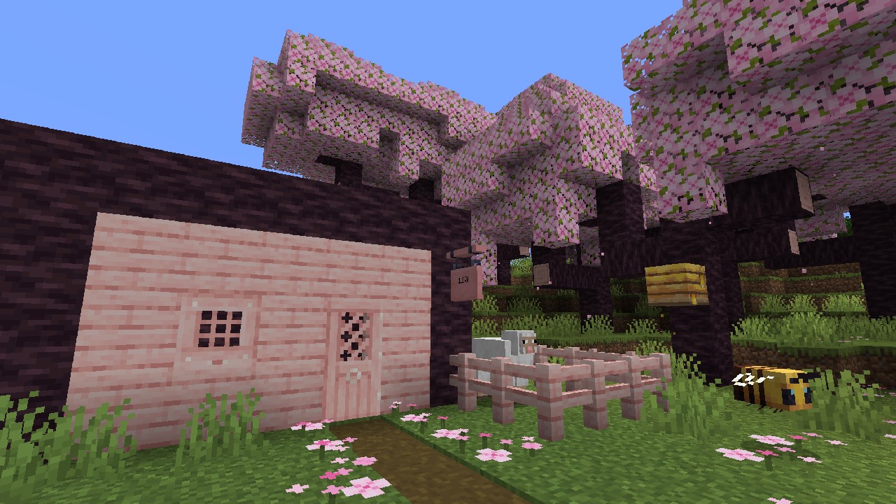 Captura de pantalla del juego del bioma Cherry Blossom en Minecraft 1.20.