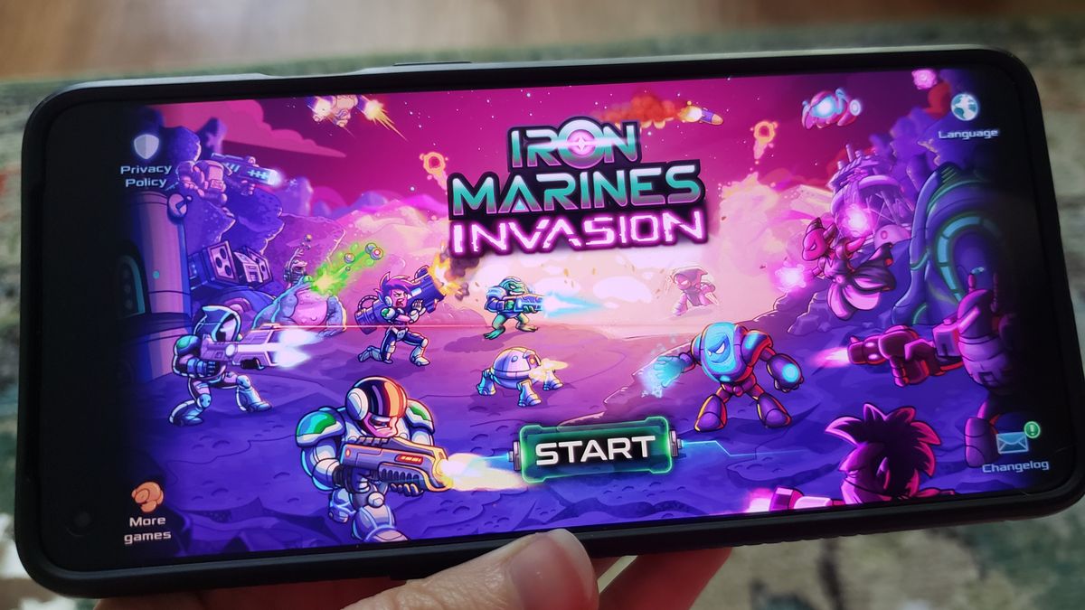 Iron Marines Invasion&#039;s title screen on a OnePlus 9 Android phone. 