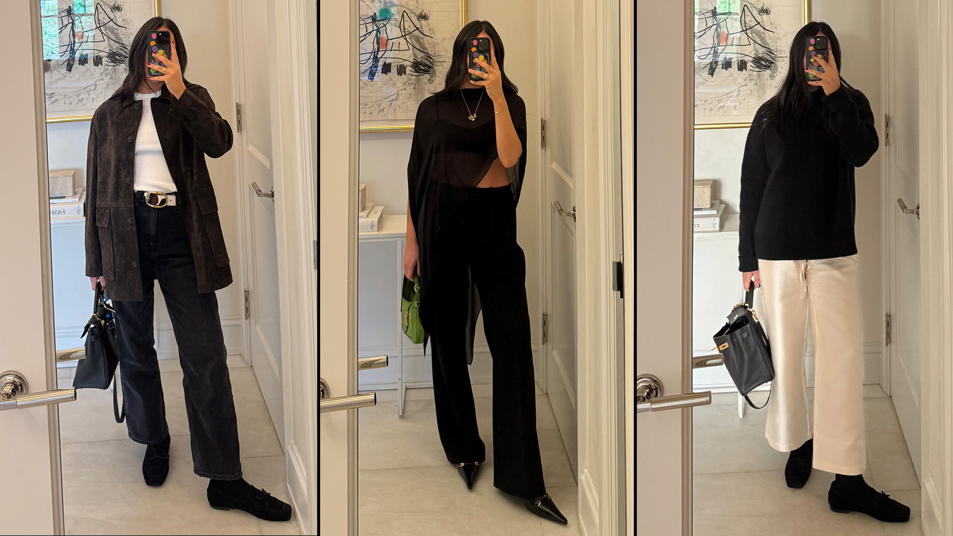 Collage of @nicoleakhtarzad taking mirror selfies wearing winter outfits.