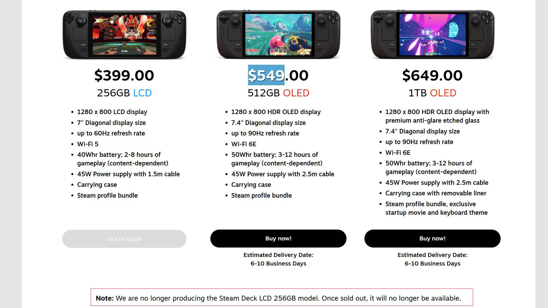 Steam Deck storefront with LCD and OLED models with message regarding discontinuation of former highlighted in red box.