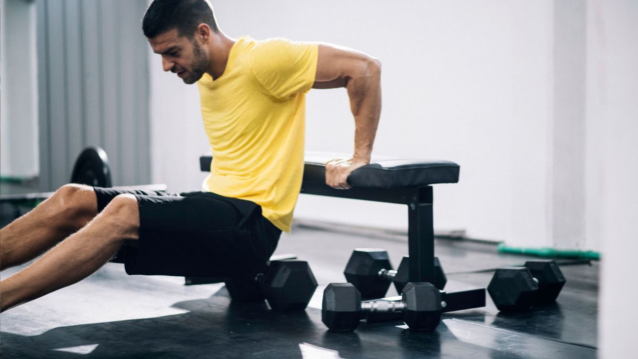 Man performing tricep dips on a weight bench