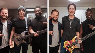Tosin Abasi presents Joe Satriani and Steve Vai with a pair of custom ēmi 8 8-string guitars