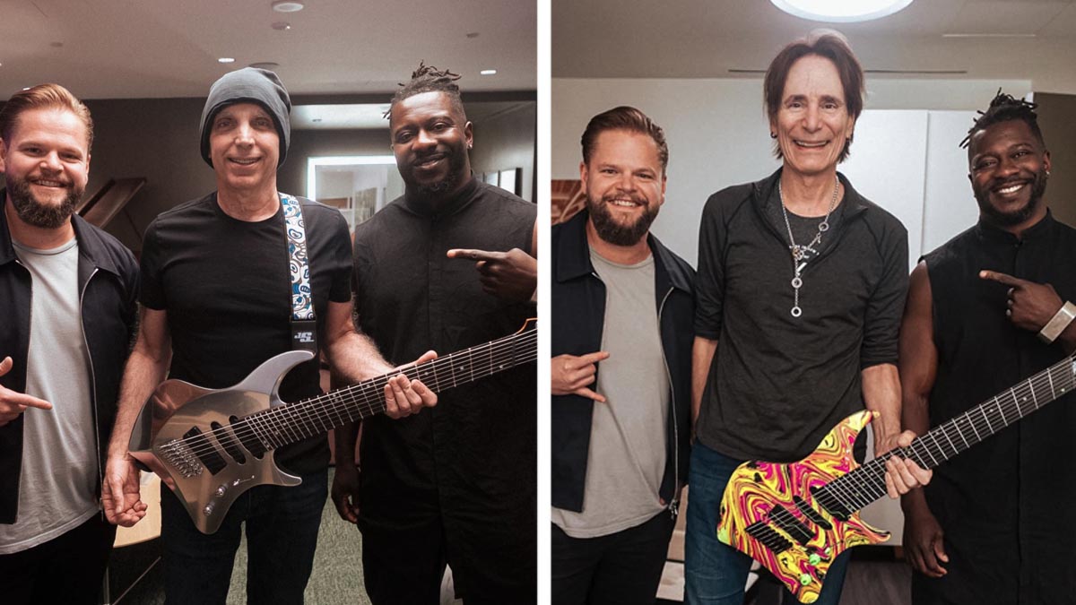 Tosin Abasi presents Joe Satriani and Steve Vai with a pair of custom ēmi 8 8-string guitars