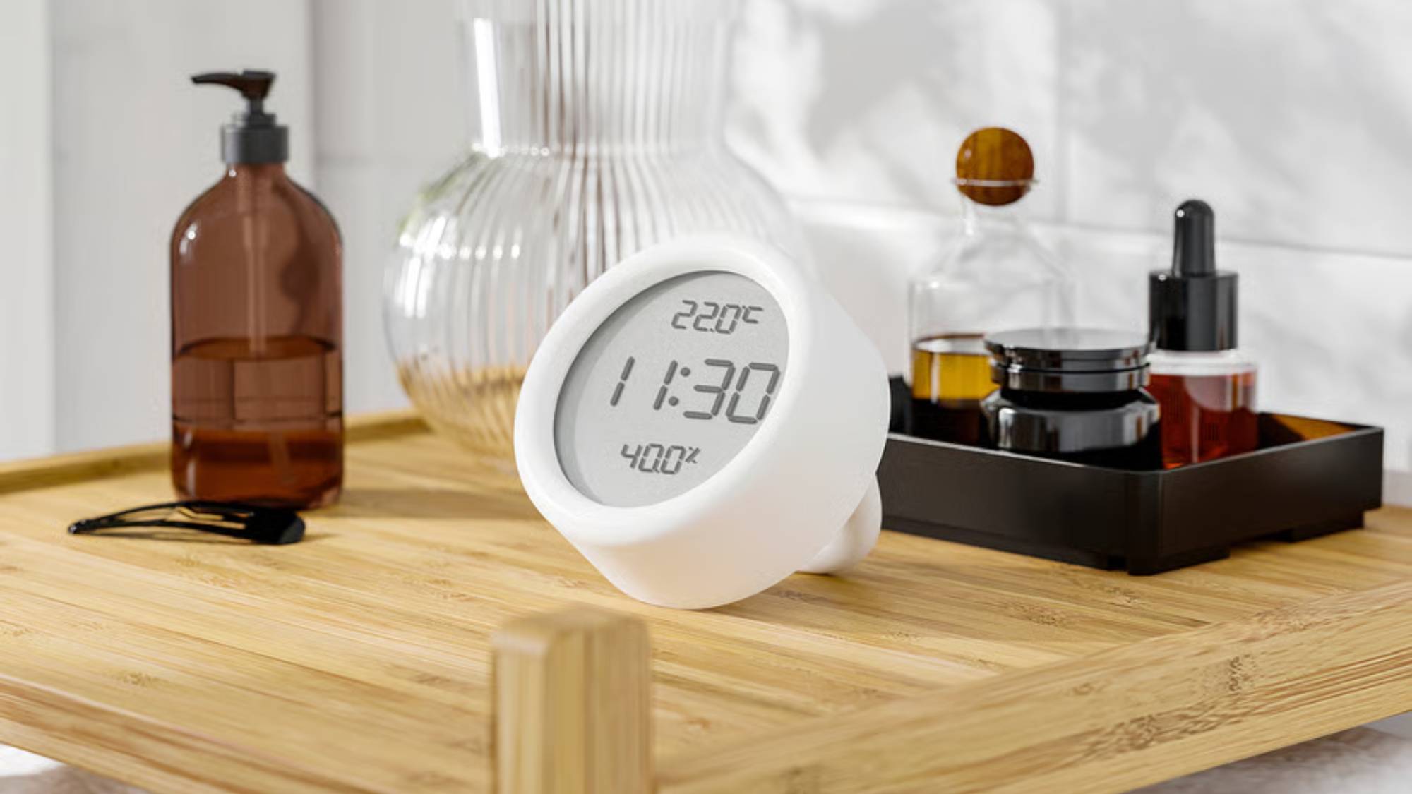 IKEA's new &Ouml;RNVR&Aring;K device standing on a wooden surface 