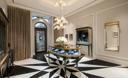 a polished black and white marble floor