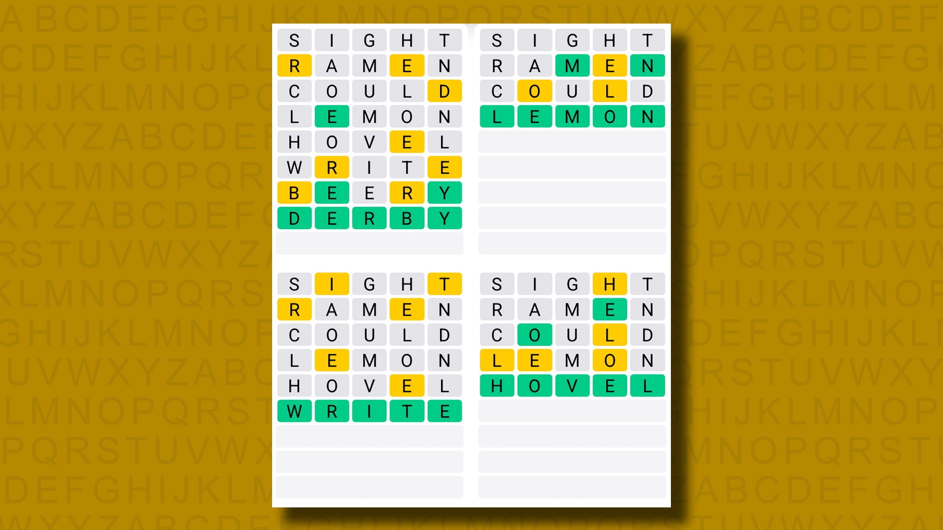 Quordle answers for game 1232 on a yellow background