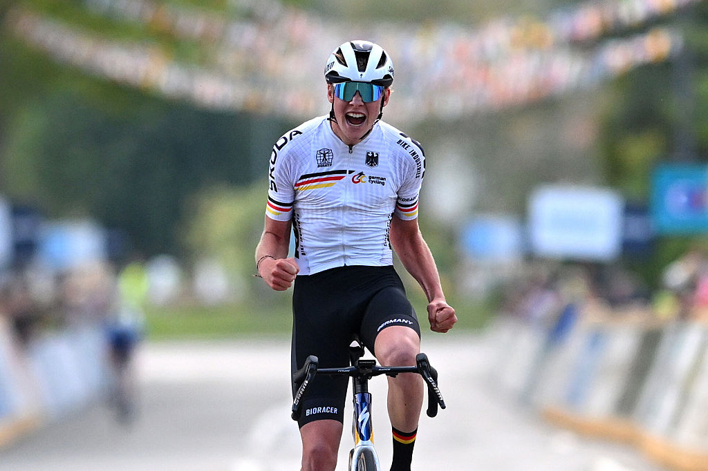 GUILHERAND-GRANGES, FRANCE - OCTOBER 03: Karl Herzog and Team Germany celebrates at finish line as gold medal winner during the 31st UEC Road Cycling European Championships 2025 - Men&amp;apos;s U19 Road Race a 103,4km one day race from Guilherand-Granges to Guilherand-Granges on October 03, 2025 in Guilherand-Granges, France. (Photo by Billy Ceusters/Getty Images)