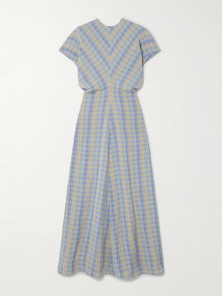 Gathered Checked Linen-Blend Maxi Dress