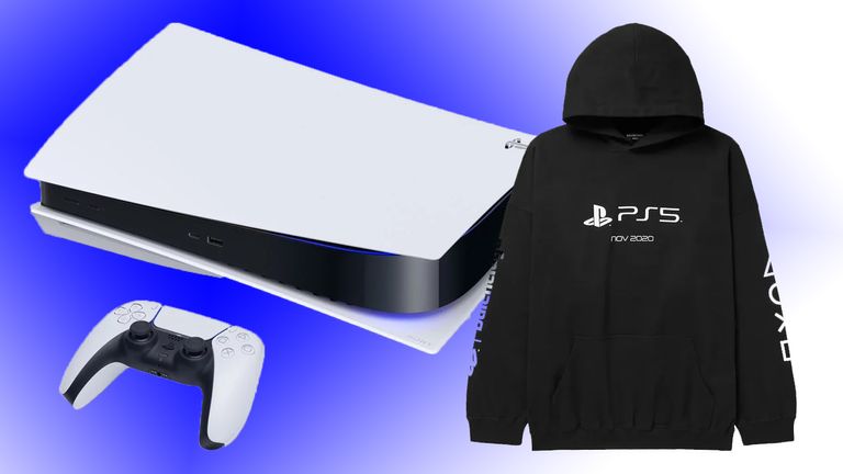 PS5 console and Balenciaga hoodie