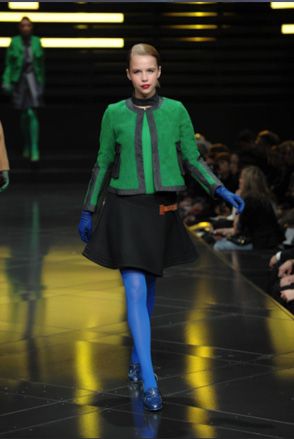A-line skirt combined with a bright green jacket