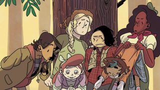 Jo, Molly, Mal, April, Ripley and Jen all staring down at something mysterious on the cover of Lumberjanes comic