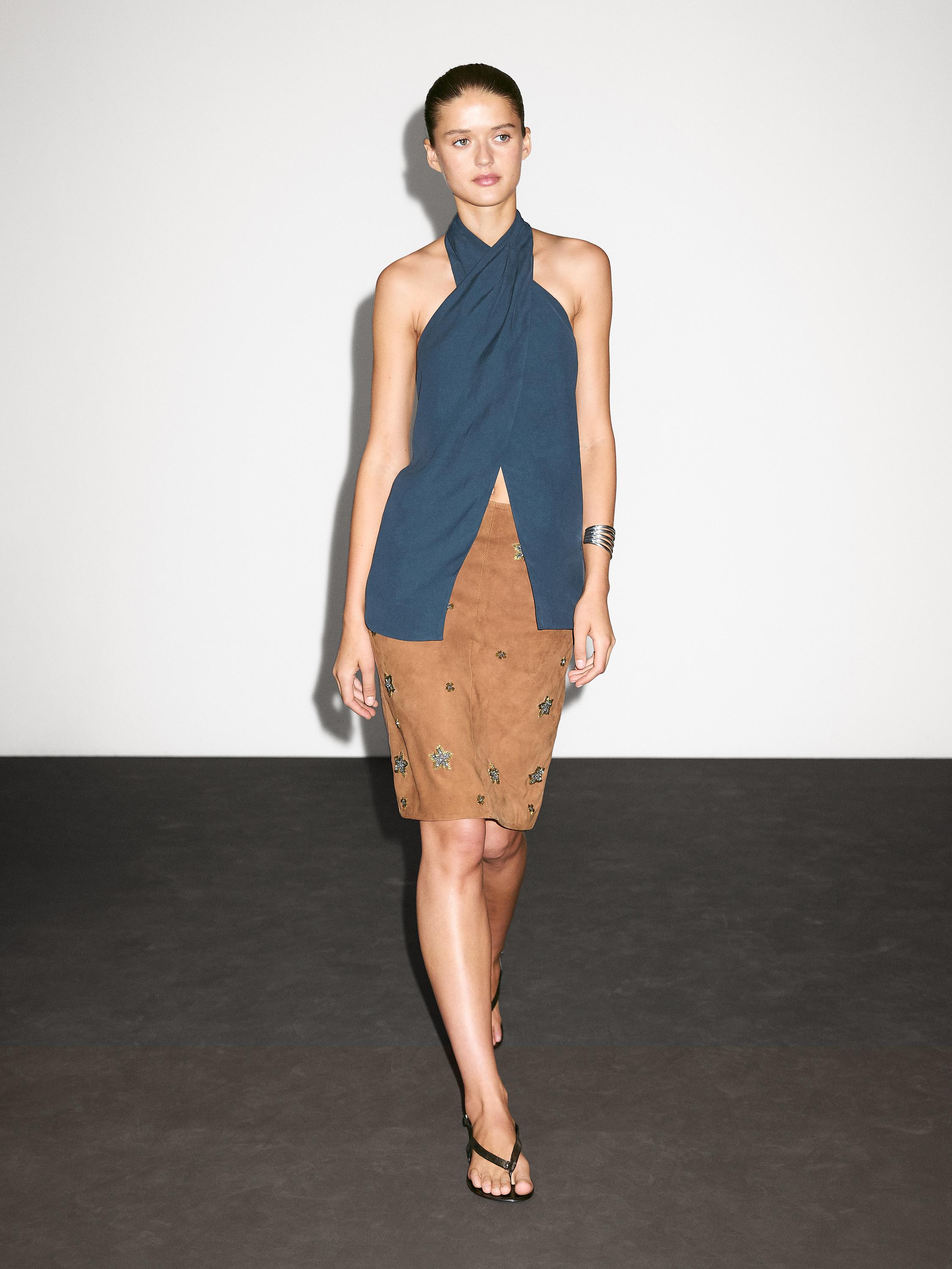 Massimo Dutti Suede Leather Skirt With Rhinestone Detail