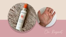 Kérastase Nutritive Lotion Thermique Sublimatrice bottle next a shot of it sprayed on Aleesha's hand
