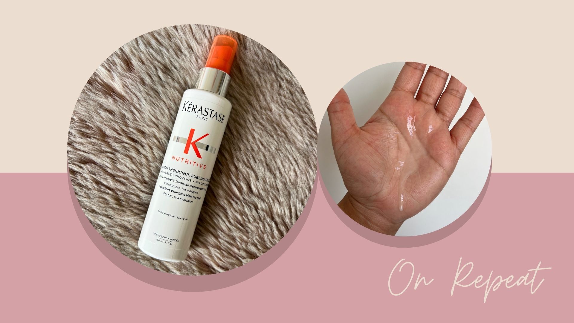 Kérastase Nutritive Lotion Thermique Sublimatrice bottle next a shot of it sprayed on Aleesha's hand