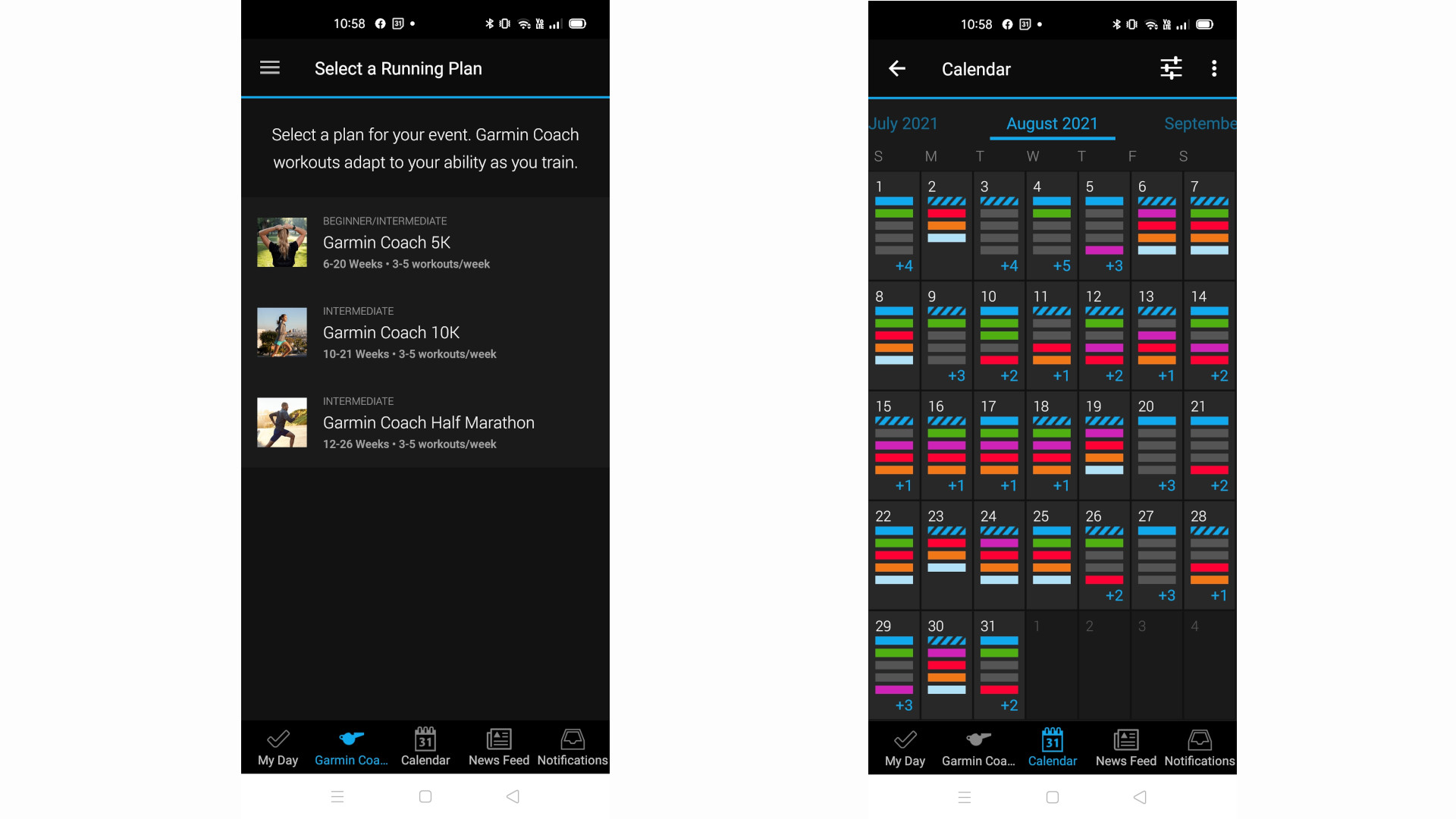 Garmin Connect app screegrabs showing training plans