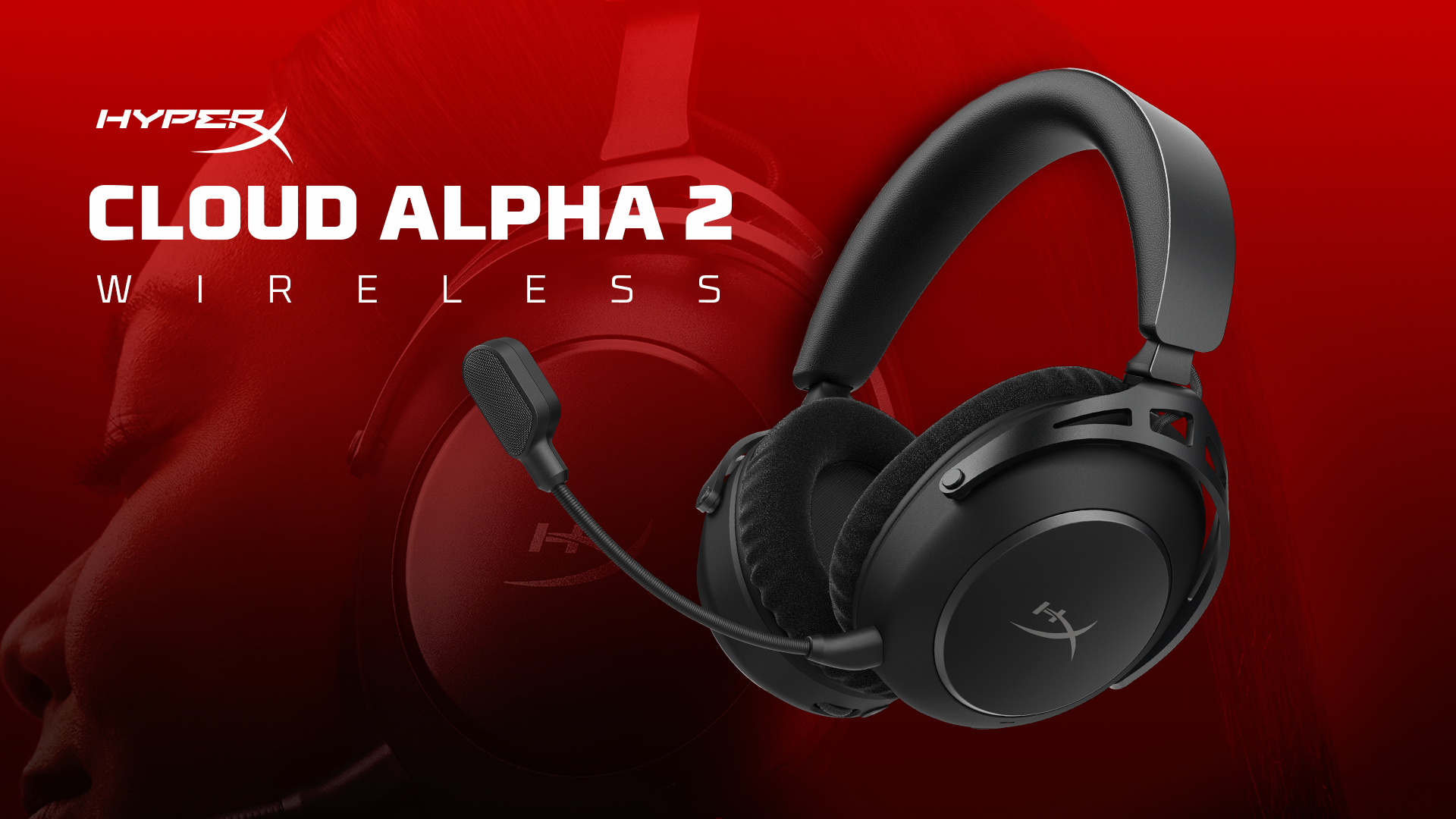 The press shot for the HyperX Cloud Alpha 2 Wireless gaming headset, with the logo and a red background 