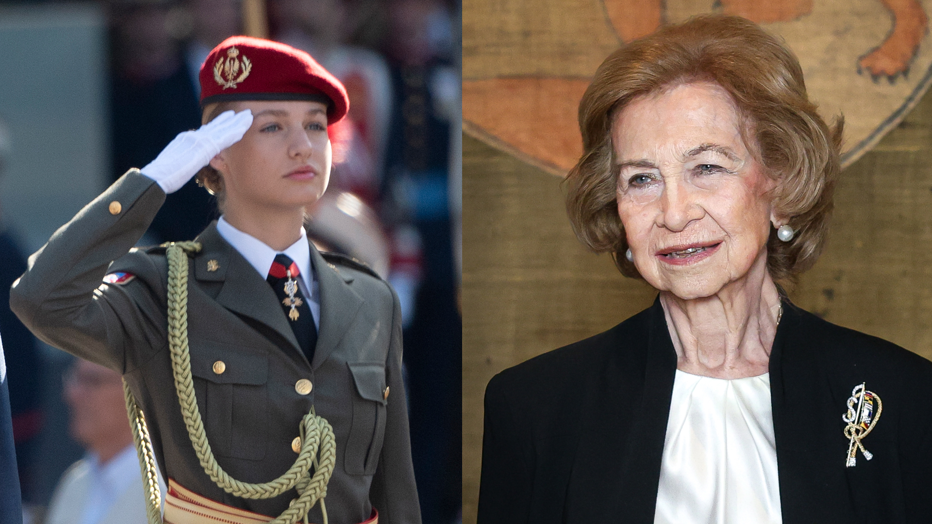 Princess Leonor saluting in a military uniform; Queen Sofia of Spain in a black blazer smiling