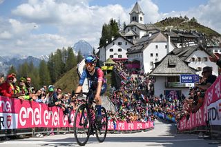 MONTE LUSSARI ITALY MAY 27 Matthew Riccitello of The United States and Team Israel Premier Tech crosses the finish line during the 106th Giro dItalia 2023 Stage 20 a 186km individual climbing time trial stage from Tarvisio 750m to Monte Lussari 1744m UCIWT on May 27 2023 in Monte Lussari Italy Photo by Stuart FranklinGetty Images