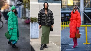 A composite of street style influencers showing different types of coats - puffer coats