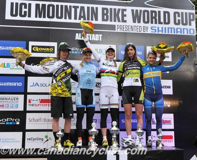 Elite women's Albstadt World Cup eliminator podium: C&eacute;cile Ravanel, Kathrin Stirnemann, Alexandra Engen, Nadine Rieder, Jenny Rissveds