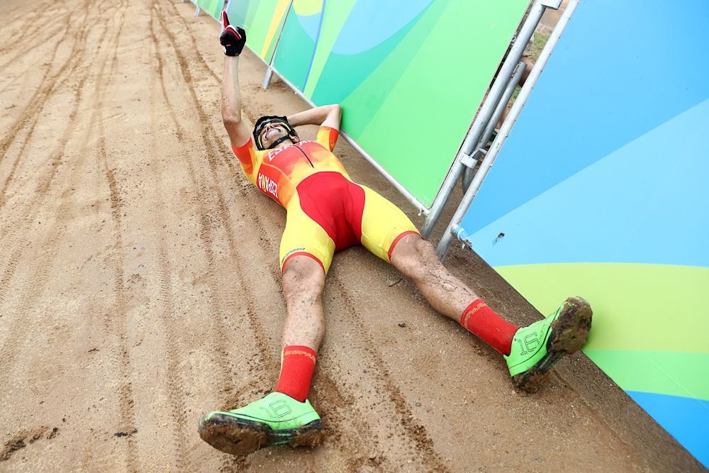 Coloma lays on the gorund after the race