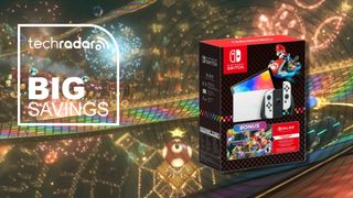 The Nintendo Switch OLED Mario Kart 8 Deluxe bundle on a Mario Kart 8 background image.