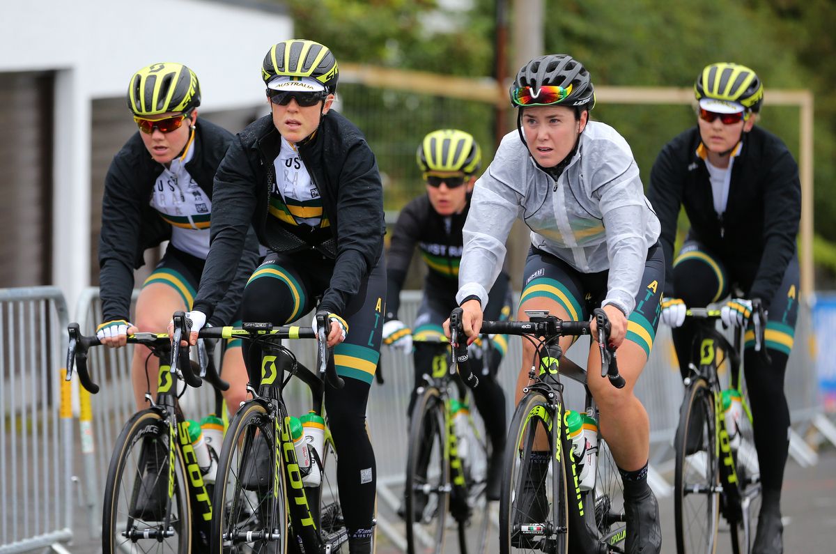 Rachel Neylan and Chloe Hosking lead the Australian team during the ride