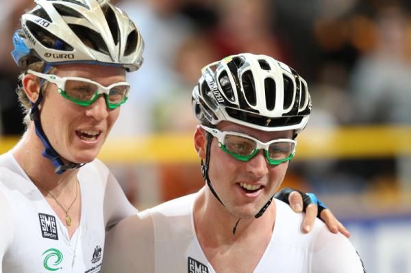 Celebration time for Aussie duo Leigh Howard and Cameron Meyer after they won the Madison.