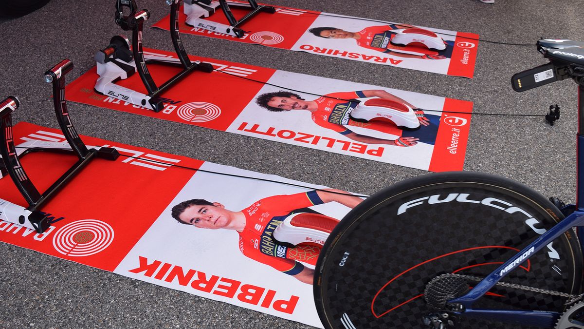 Each Bahrain-Merida rider has a custom mat to warm up on ahead of the prologue