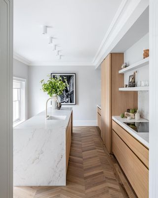 Banda Property kitchen with marble waterfall countertop