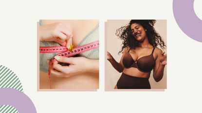a woman showing how to measure bra size and a woman happy in great fitting bra