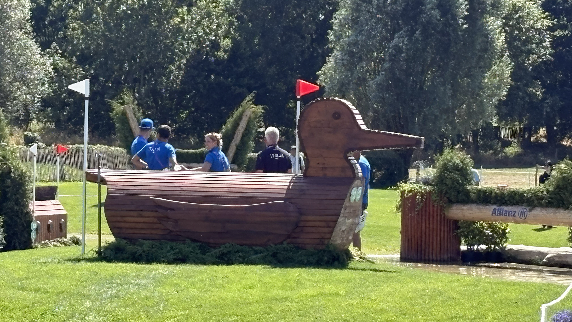 A wooden duck fence on an island on the eventing World Championships cross-country course