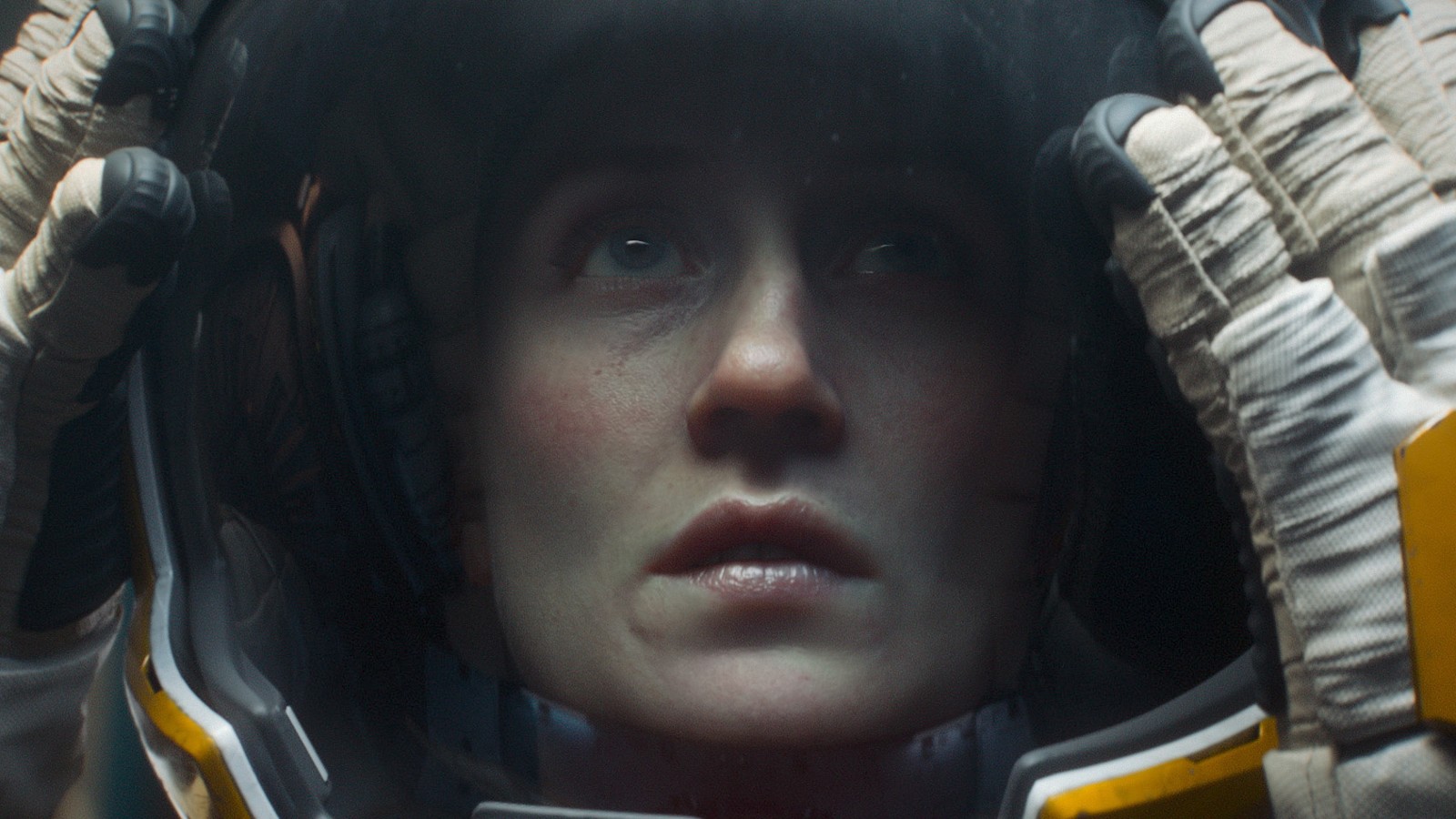 Screenshot from the animated tv series Love, Death & Robots. This still is from the episode Helping Hand. Here we have a close up of a female astronaut, both her hands grasping at her helmet.