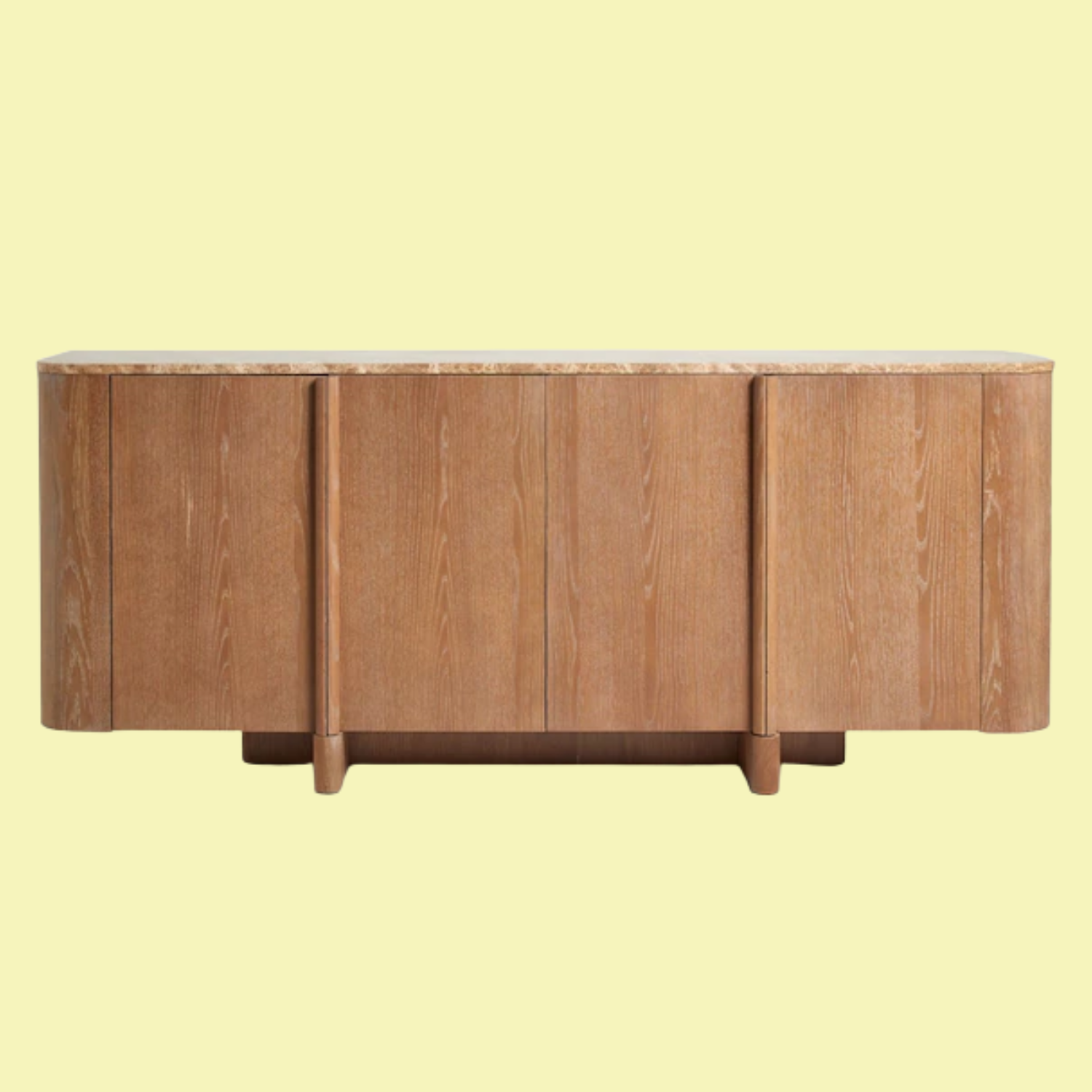 A wood sideboard with a marble top