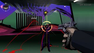 Blood spurting out of an enemy as you blast them with a revolve in Killer7 - the background has trippy effects