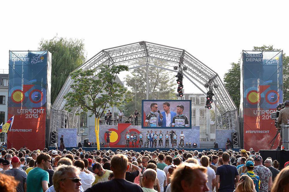 Etixx-QuickStep on stage during the 2015 Tour de France team presentation in Utrecht